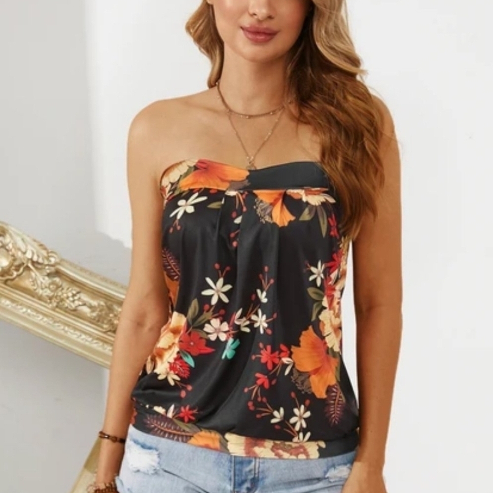 Elegant Floral Strapless Crop Top - Black and Orange